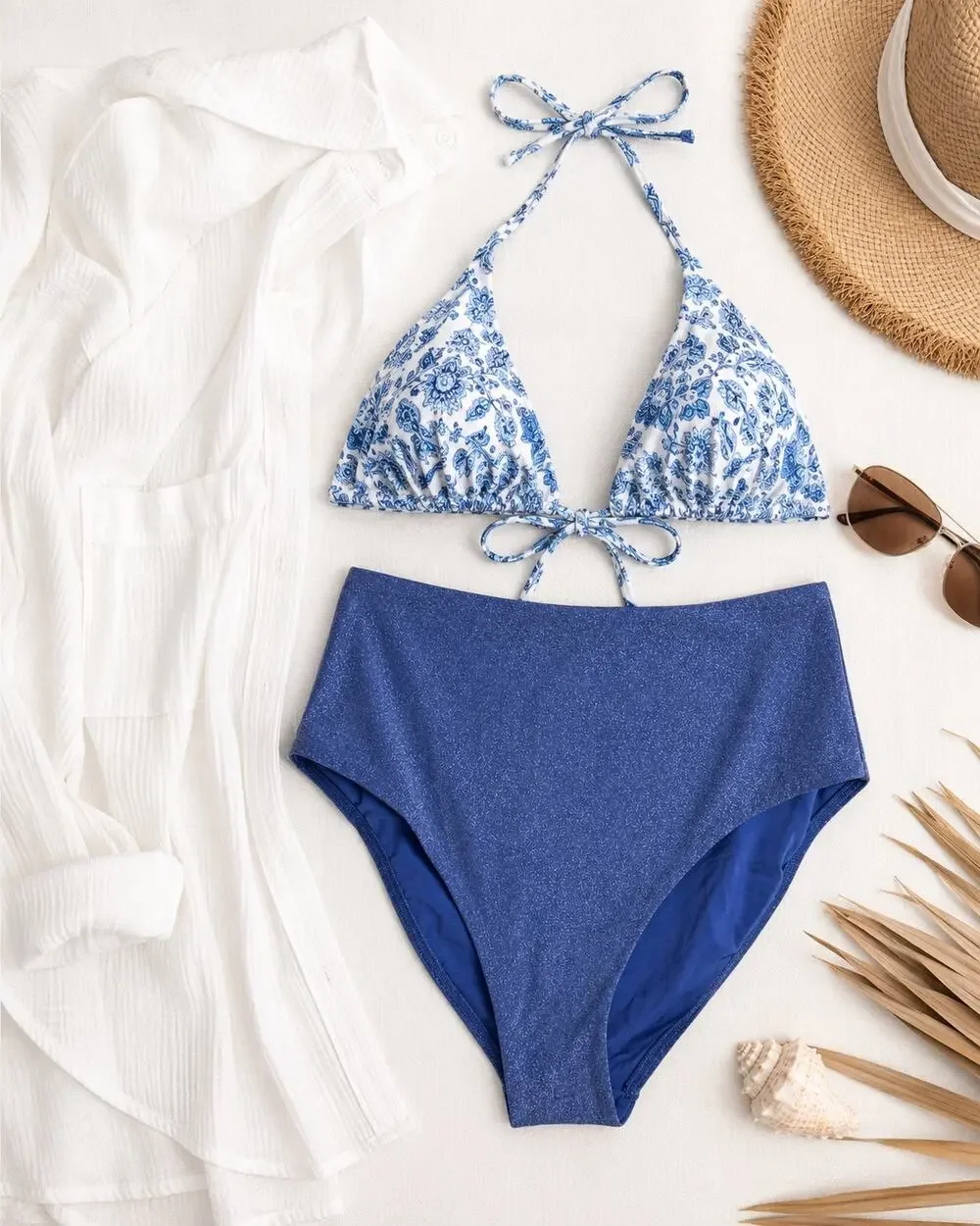 Lands' End Shine High Waisted Bikini Bottoms Beach Pool Blue Women's Size 16 NWT